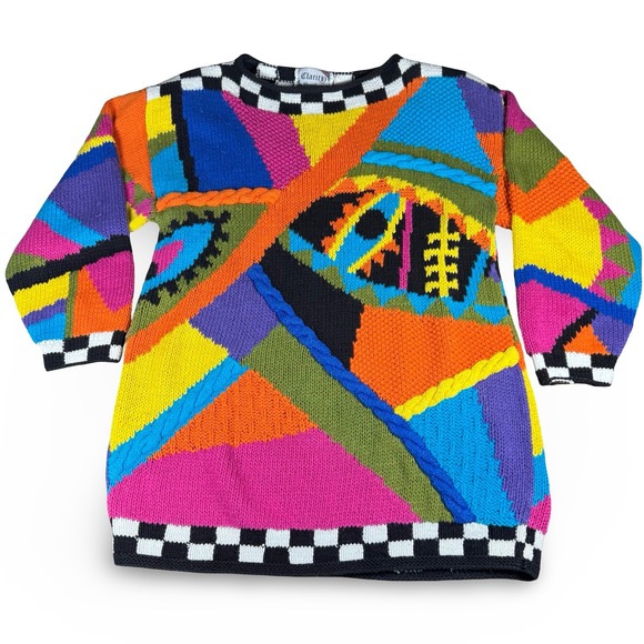 Clarity Creation Sweaters - VTG Sweater Womens Large L 80s 90s Abstract Oversized Sweater Geometric Checker